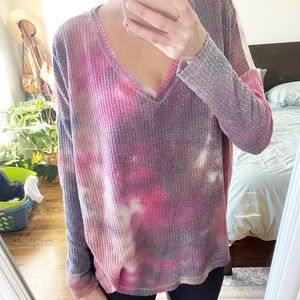 Wild Fabel Tie Dye Waffle Knit V Neck Shirt Small